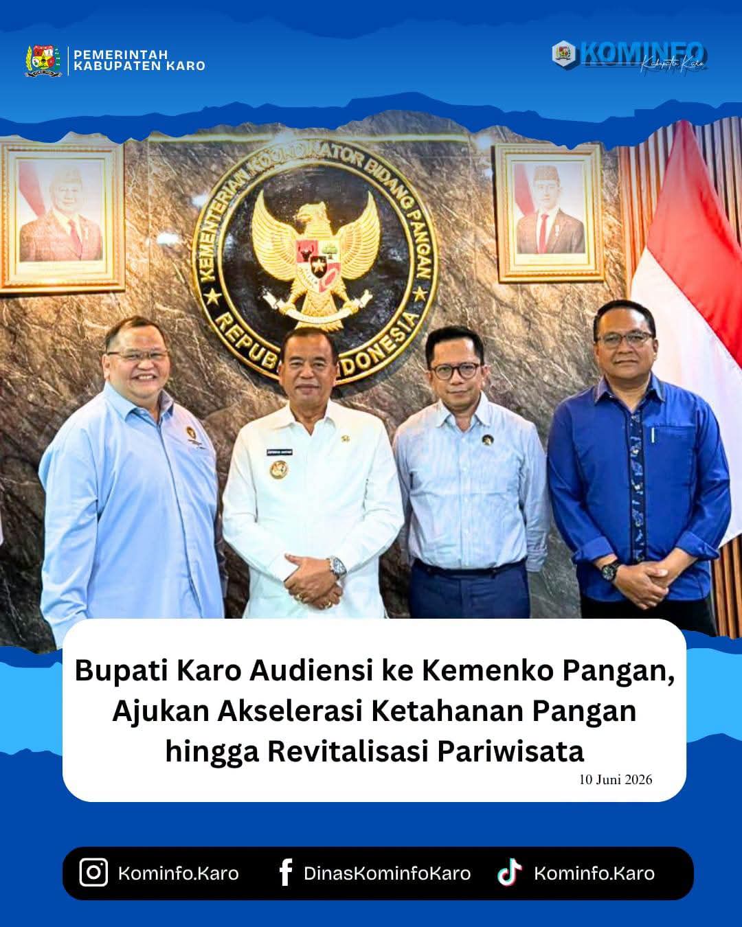 Bupati Karo Audiensi ke Kemenko Pangan, Ajukan Akselerasi Ketahanan Pangan hingga Revitalisasi Pariwisata