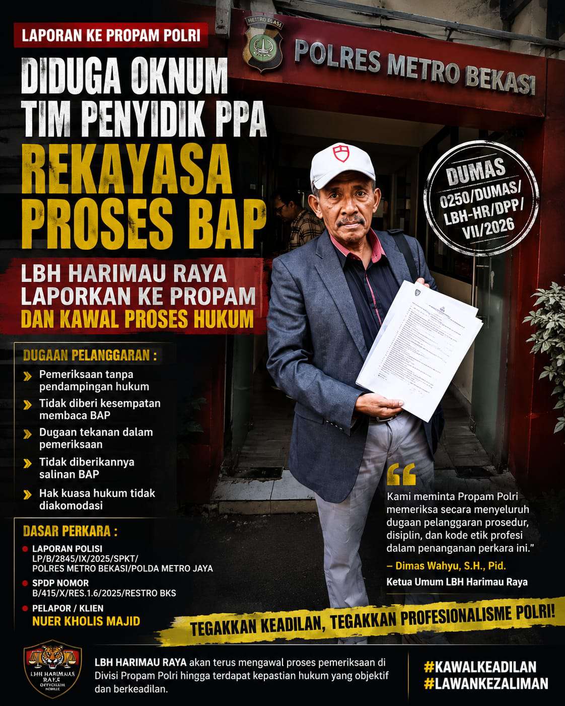 Diduga Oknum Tim Penyidik PPA Polres Kabupaten Bekasi Rekayasa Proses BAP, LBH Harimau Raya Laporkan ke Propam dan Kawal Proses Hukum
