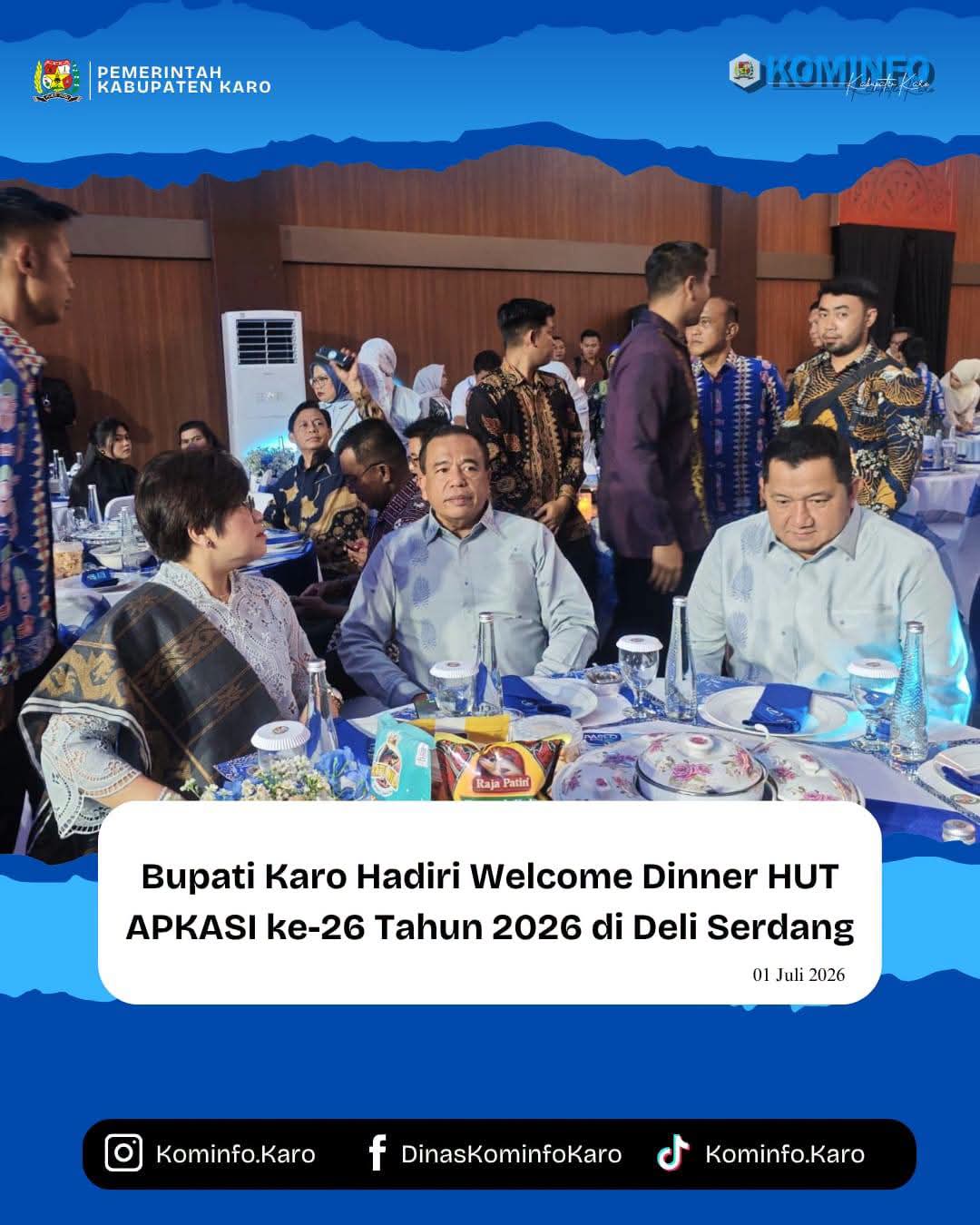 Bupati Karo Hadiri Welcome Dinner HUT APKASI ke-26 Tahun 2026 di Deli Serdang