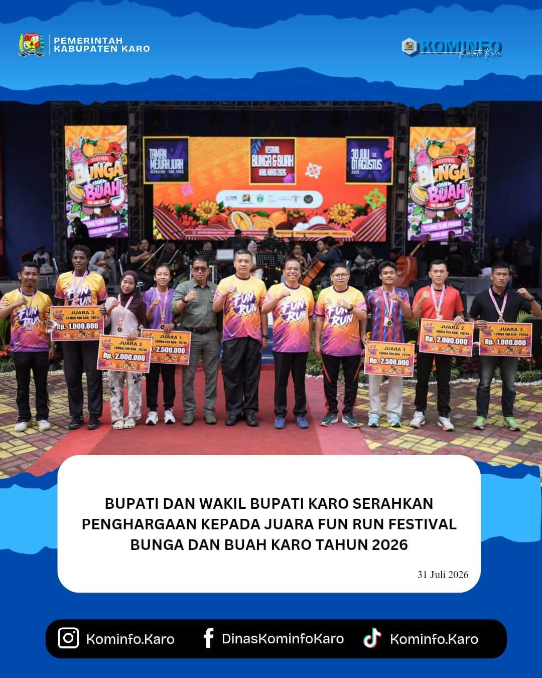 Bupati dan Wakil Bupati Karo Serahkan Penghargaan kepada Juara Fun Run Festival Bunga dan Buah Karo Tahun 2026