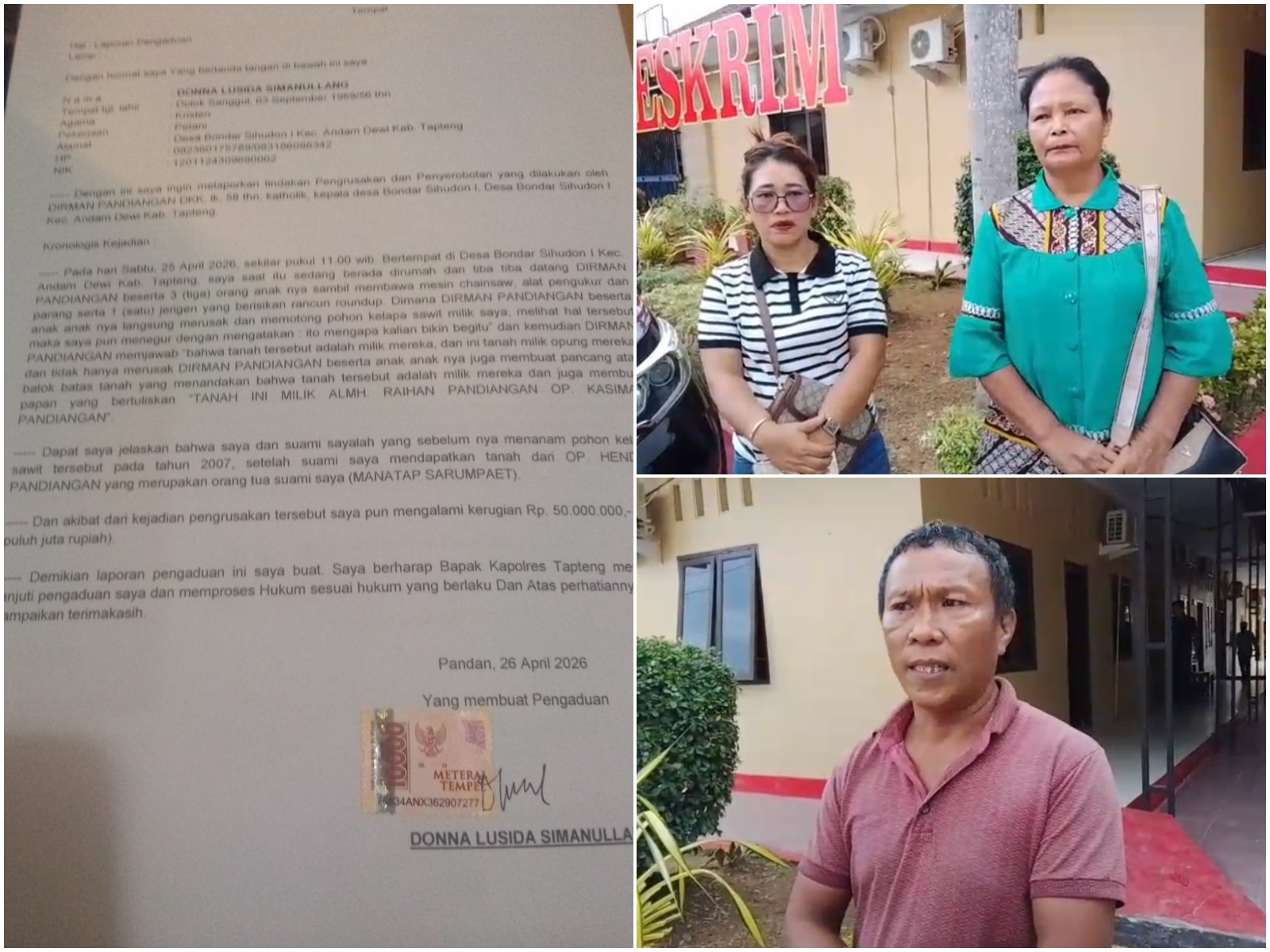 Diduga Serobot Lahan dan Tebang Sawit Warga, Kades di Tapanuli Tengah Dilaporkan ke Polisi
