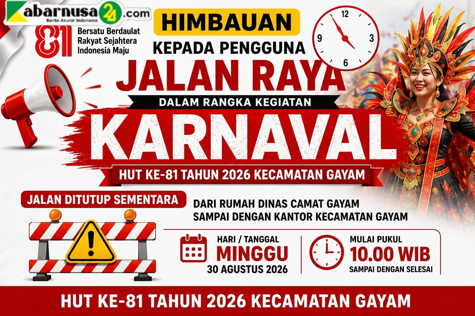 Jelang Karnaval HUT ke-81 RI, Jalan di Kecamatan Gayam Ditutup Sementara Minggu 30 Agustus 2026