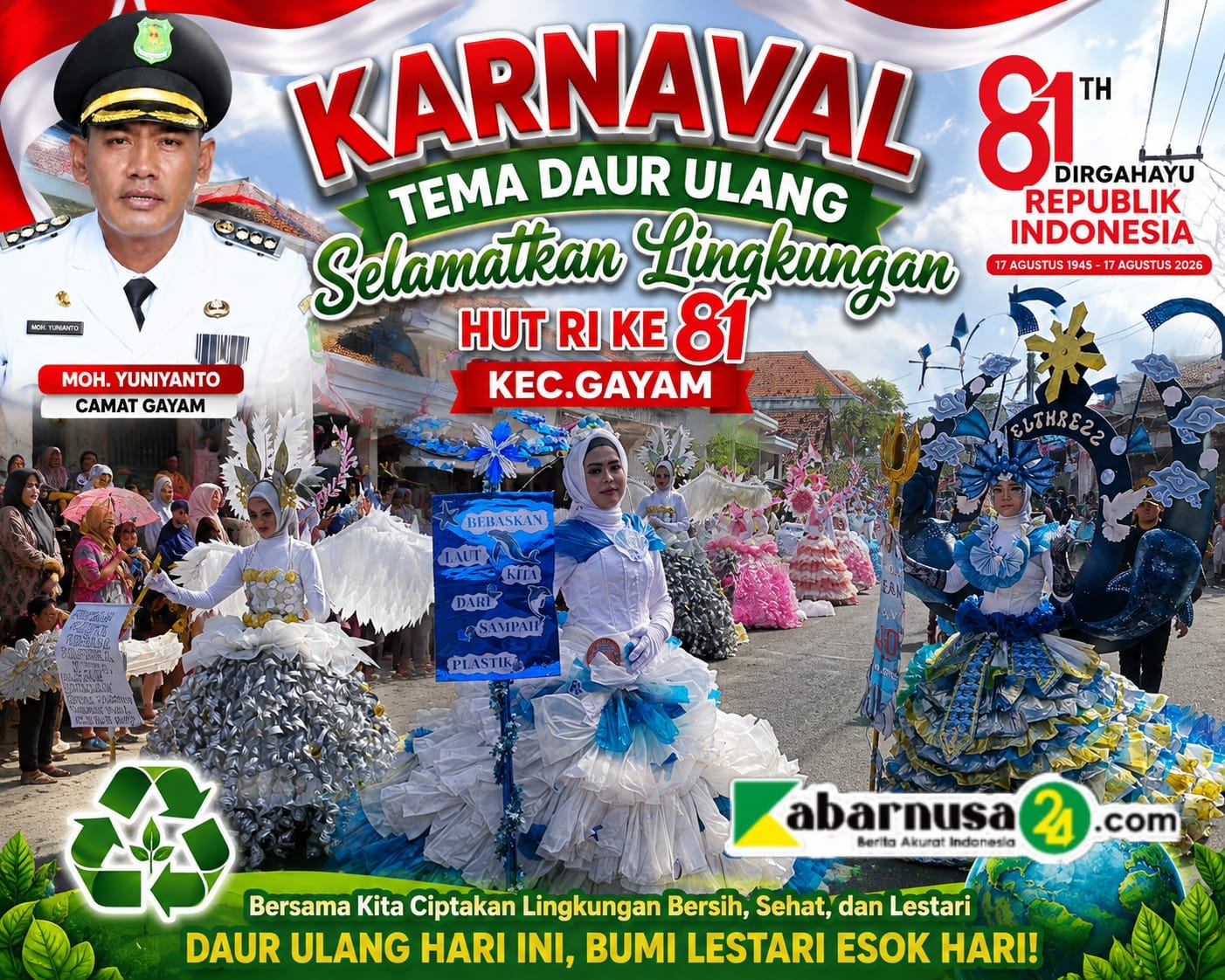 Karnaval HUT RI ke-81 di Kecamatan Gayam, Siswa Tampilkan Busana Kreatif dari Sampah Plastik