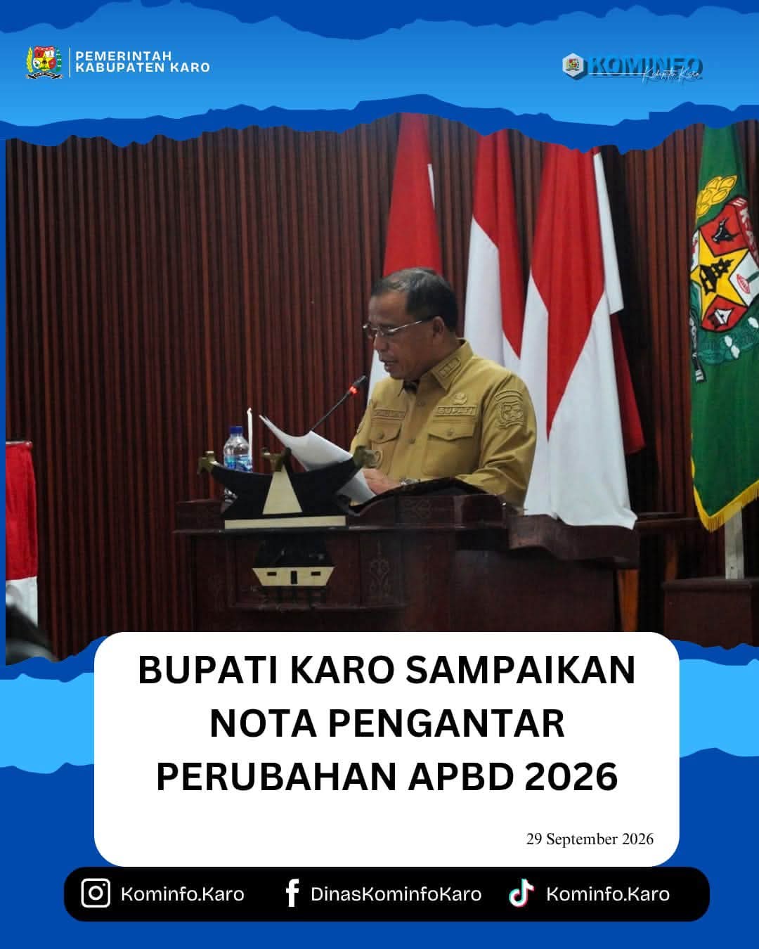 Bupati Karo Sampaikan Nota Pengantar Perubahan APBD 2026