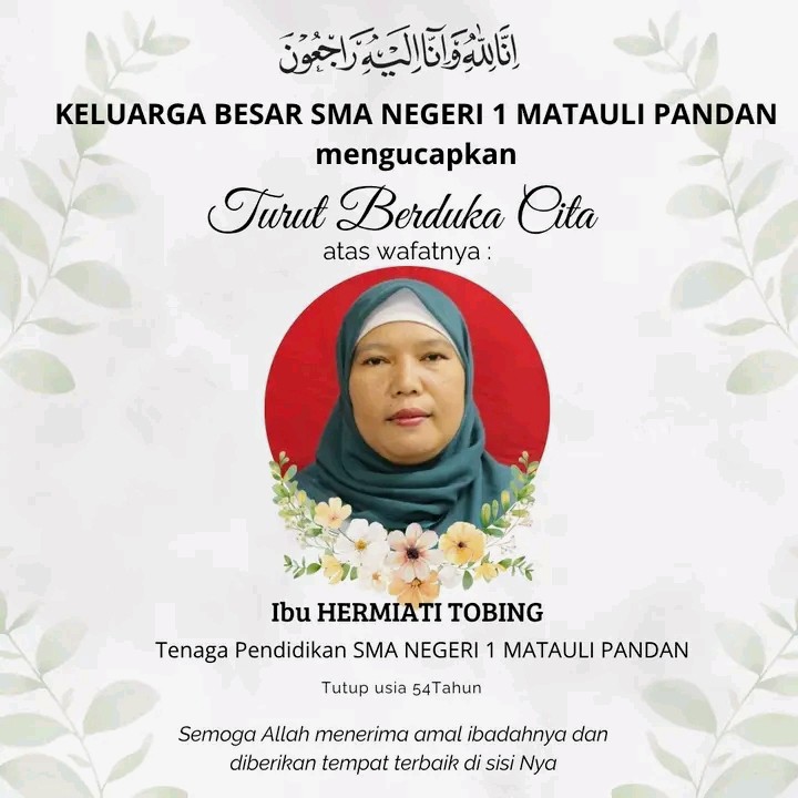 Keluarga Besar SMA Negeri 1 Matauli Pandan Berduka, Tenaga Pendidik Hermiati Tobing Berpulang di Usia 54 Tahun