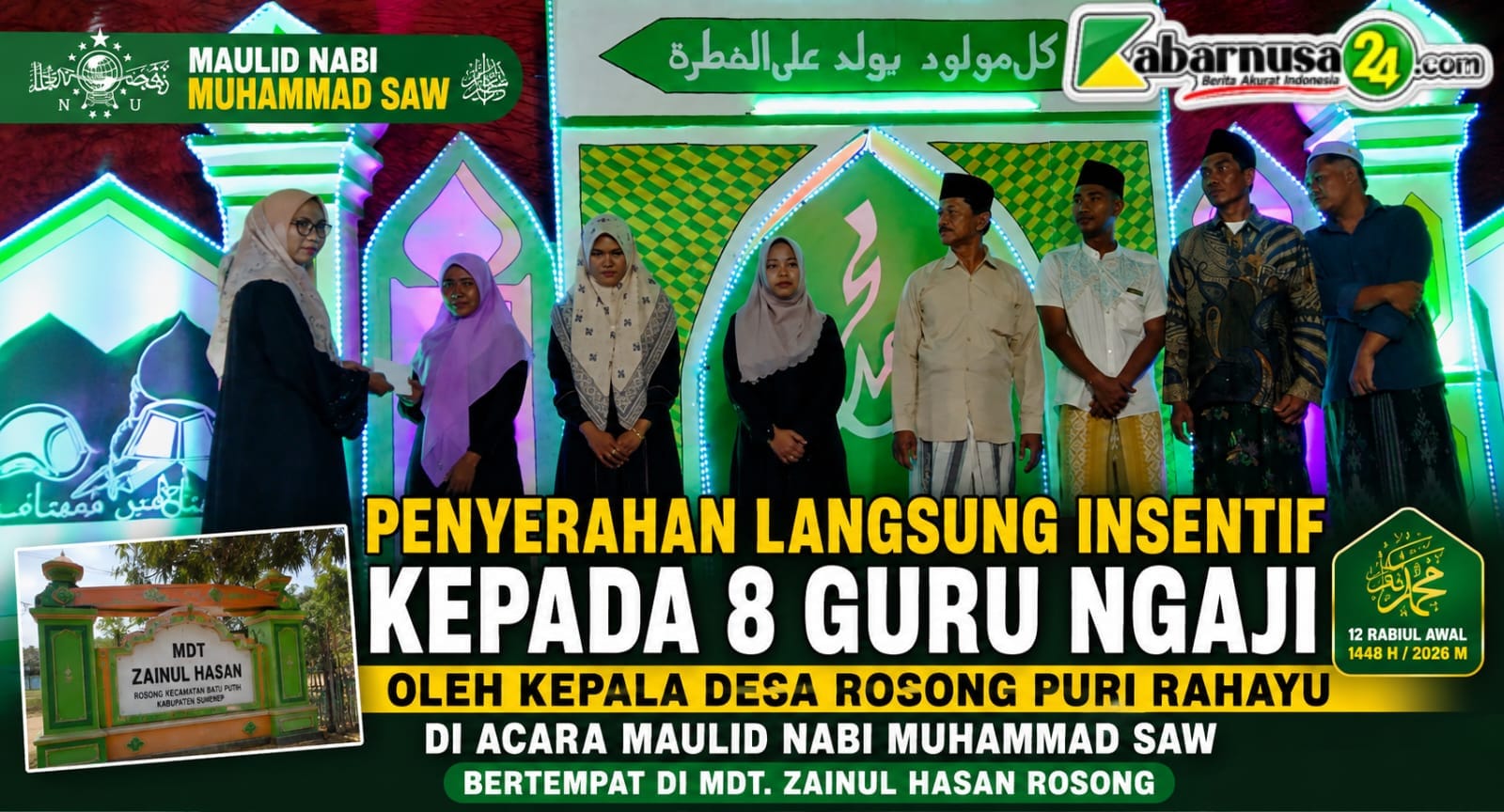 Pemdes Rosong Serahkan Langsung Insentif kepada 8 Guru Ngaji di Momen Maulid Nabi Muhammad SAW