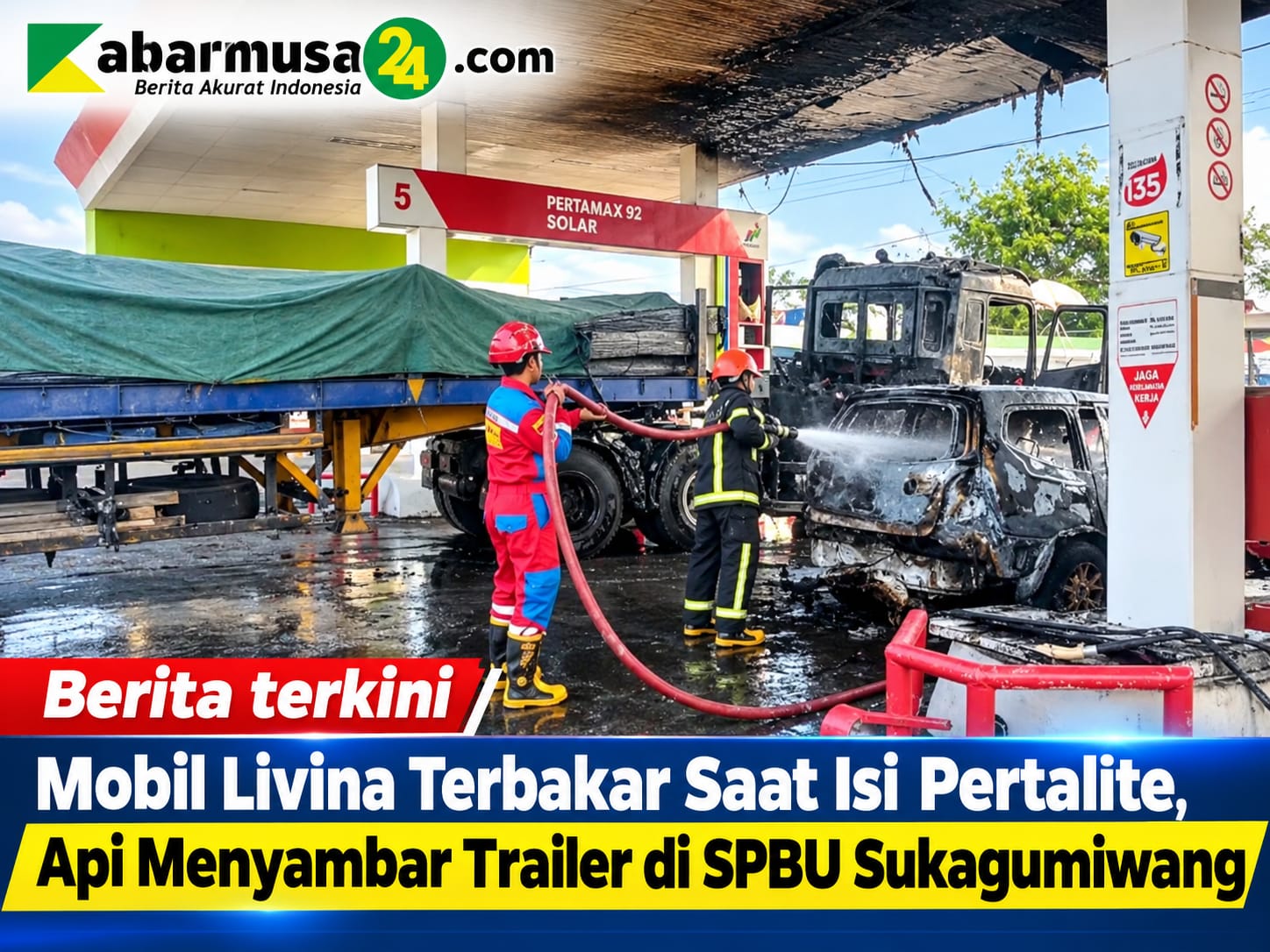 Mobil Livina Terbakar Saat Isi Pertalite, Api Menyambar Trailer di SPBU Sukagumiwang