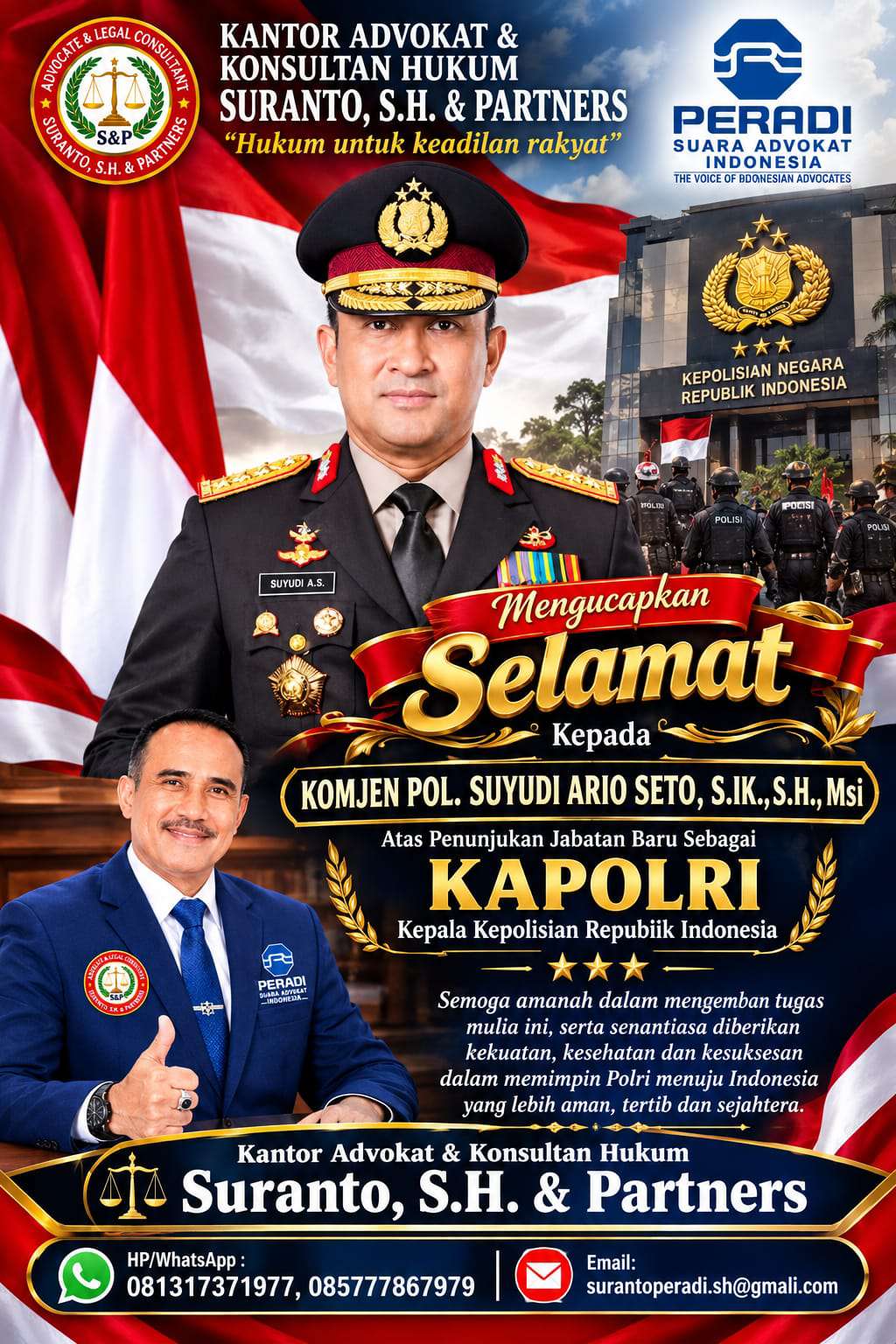 Suranto, S.H. Secara Resmi Mengucapkan Selamat Kepada Komisaris Jendral Polisi "Komjen Pol, Suyudi Ario Seto, S.IK, S.H. Msi..