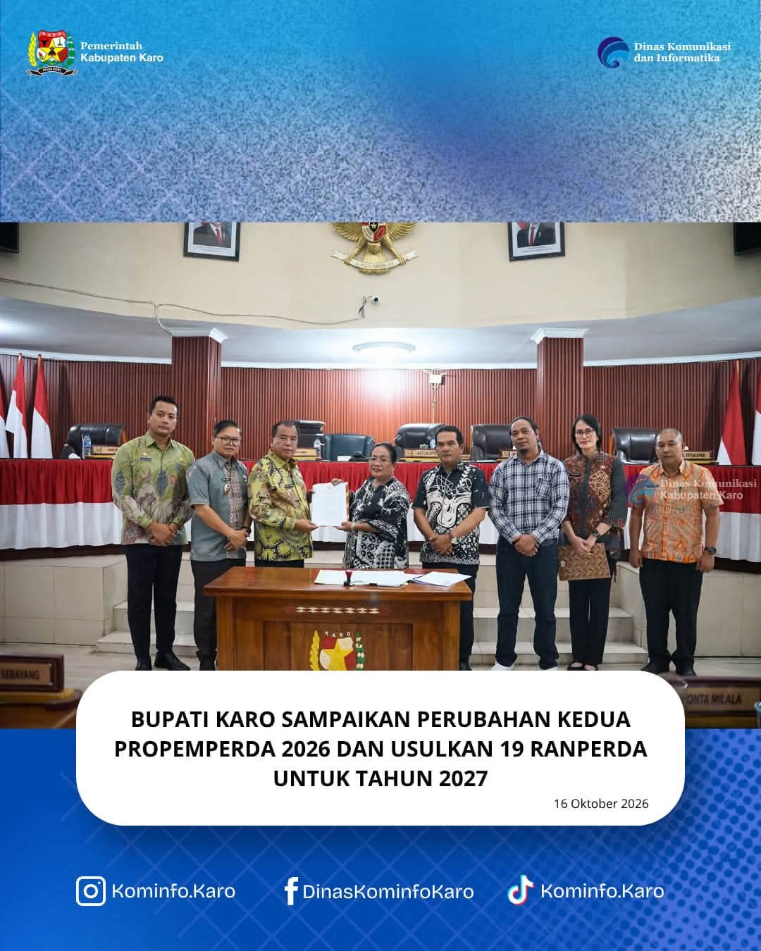 Bupati Karo Sampaikan Perubahan Kedua Propemperda 2026 dan Usulkan 19 Ranperda untuk Tahun 2027