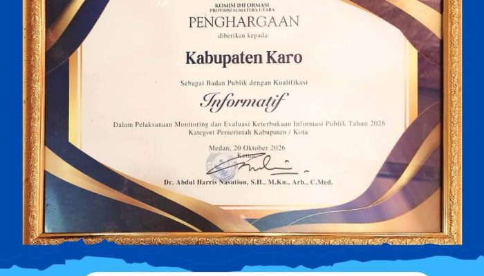 Pemerintah Kabupaten Karo Raih Penghargaan Predikat “INFORMATIF” pada KI Sumut Award 2026