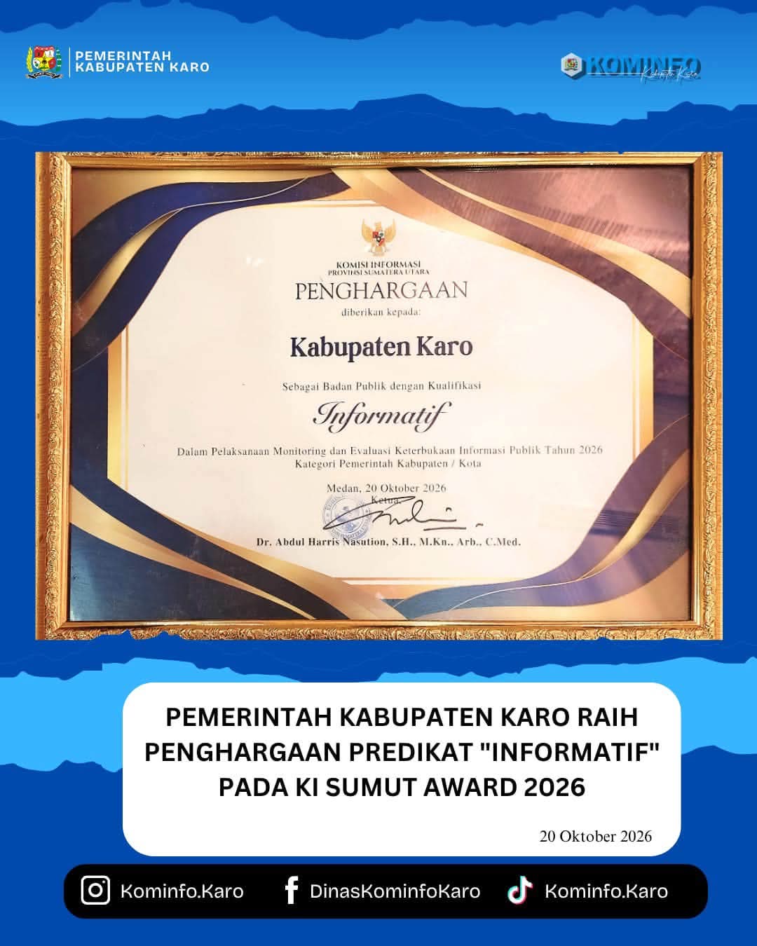 Pemerintah Kabupaten Karo Raih Penghargaan Predikat "INFORMATIF" pada KI Sumut Award 2026