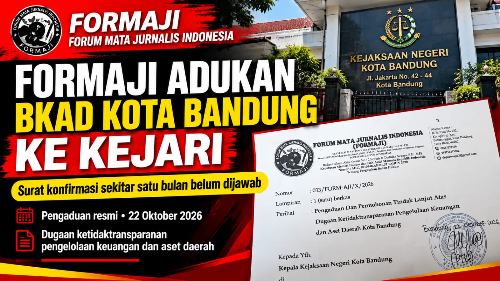 FORMAJI Adukan BKAD Kota Bandung ke Kejari, Surat Konfirmasi Sebulan Tak Dijawab