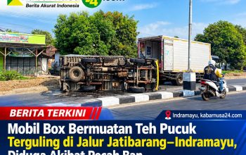 Mobil Box Bermuatan Teh Pucuk Terguling di Jalur Jatibarang–Indramayu, Diduga Akibat Pecah Ban