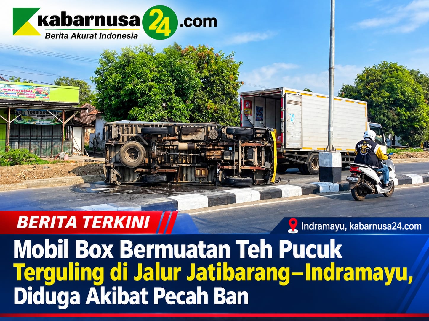 Mobil Box Bermuatan Teh Pucuk Terguling di Jalur Jatibarang–Indramayu, Diduga Akibat Pecah Ban