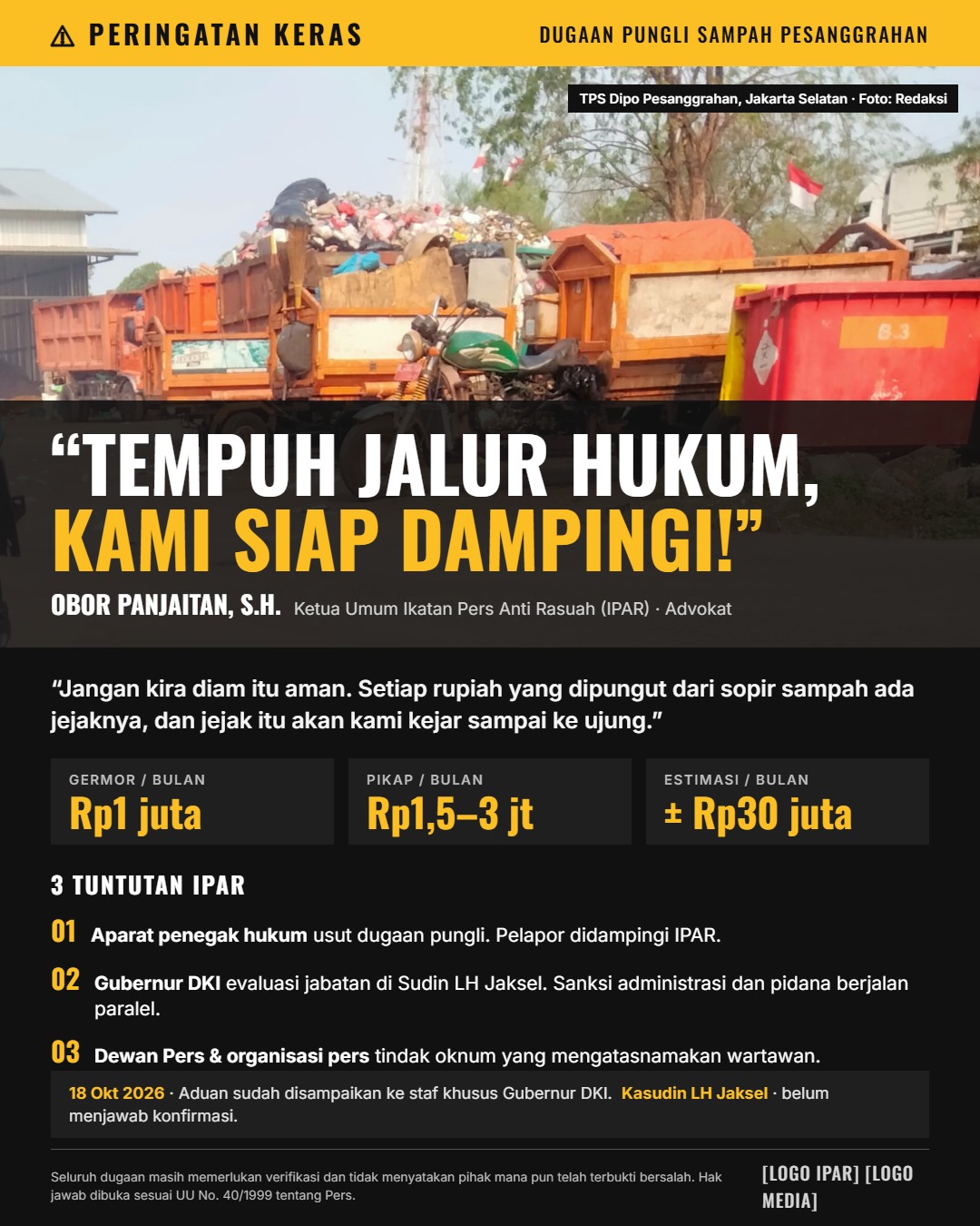 Minta Bekingin Oknum Wartawan, Kasudin LH Jaksel Diduga Biarkan Anak Buahnya Kasatpel Pesanggrahan Adanya Pungli Retribusi Sampah Warga